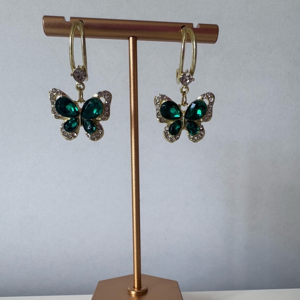 Vintage Green Crystal Butterfly Drop Earrings For Women - Picture 2 of 3